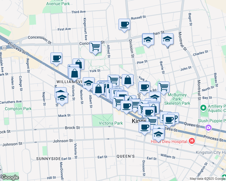 map of restaurants, bars, coffee shops, grocery stores, and more near 375 Alfred Street in Kingston