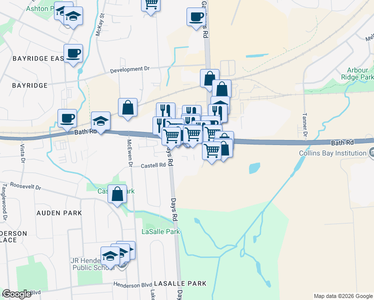 map of restaurants, bars, coffee shops, grocery stores, and more near 1681 Bath Road in Kingston