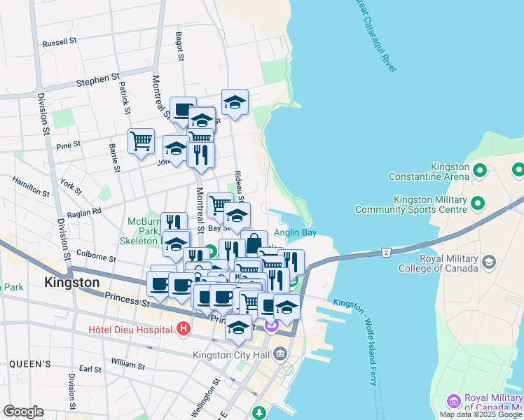 map of restaurants, bars, coffee shops, grocery stores, and more near 109 Rideau Street in Kingston