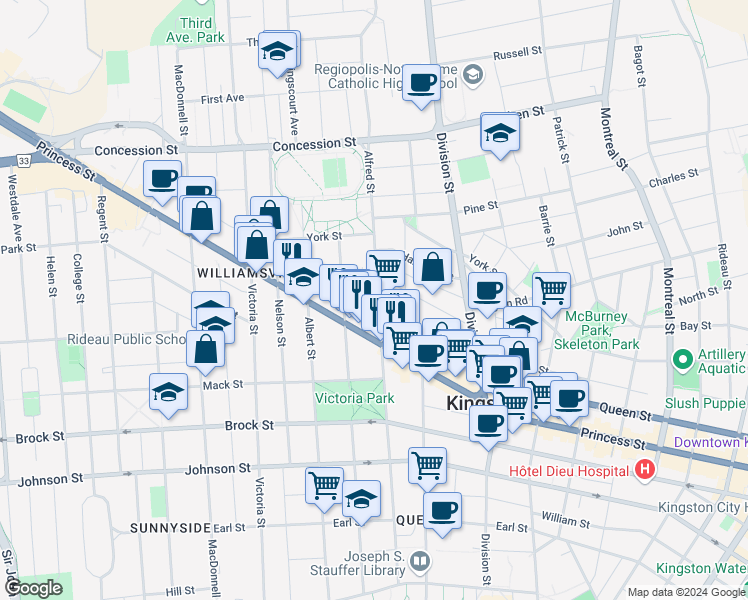 map of restaurants, bars, coffee shops, grocery stores, and more near 384 Alfred Street in Kingston