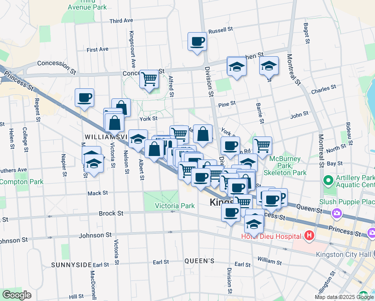 map of restaurants, bars, coffee shops, grocery stores, and more near 60 Chatham Street in Kingston