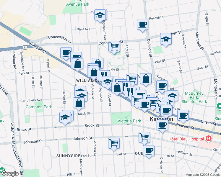 map of restaurants, bars, coffee shops, grocery stores, and more near 611 Kingston 2 in Kingston