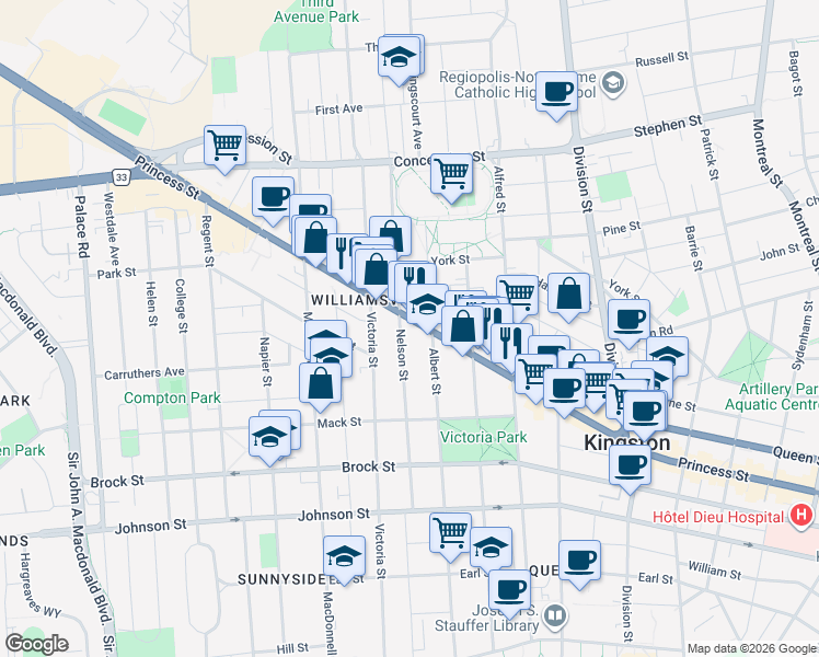 map of restaurants, bars, coffee shops, grocery stores, and more near 630 Princess Street in Kingston
