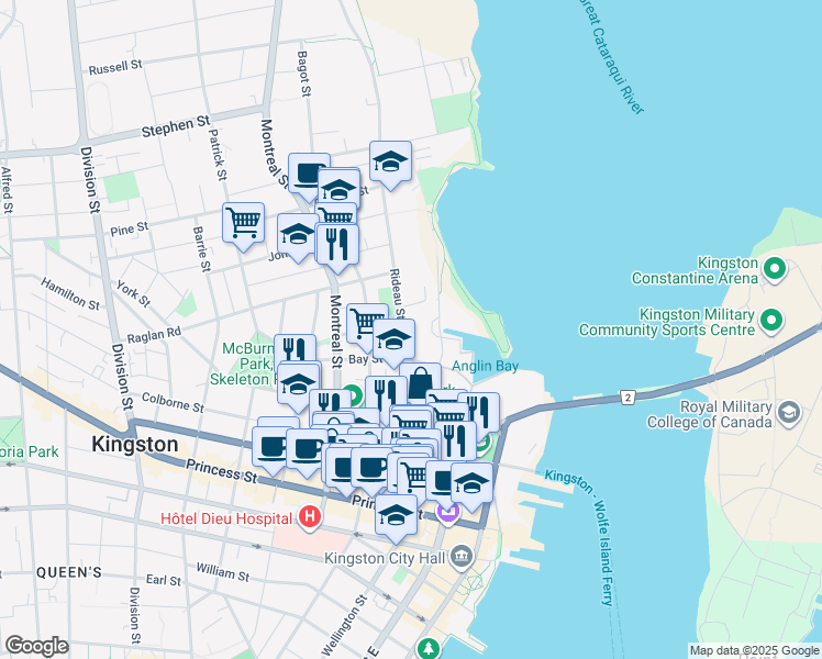 map of restaurants, bars, coffee shops, grocery stores, and more near 109 Rideau Street in Kingston
