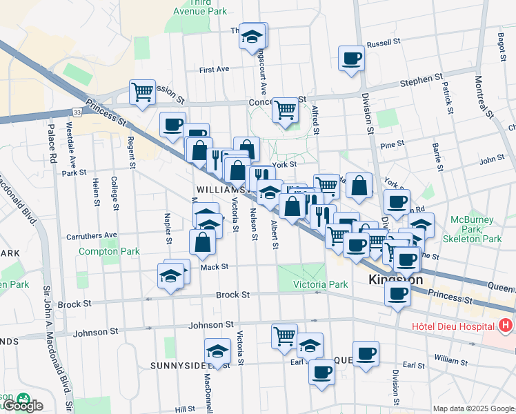 map of restaurants, bars, coffee shops, grocery stores, and more near 630 Princess Street in Kingston