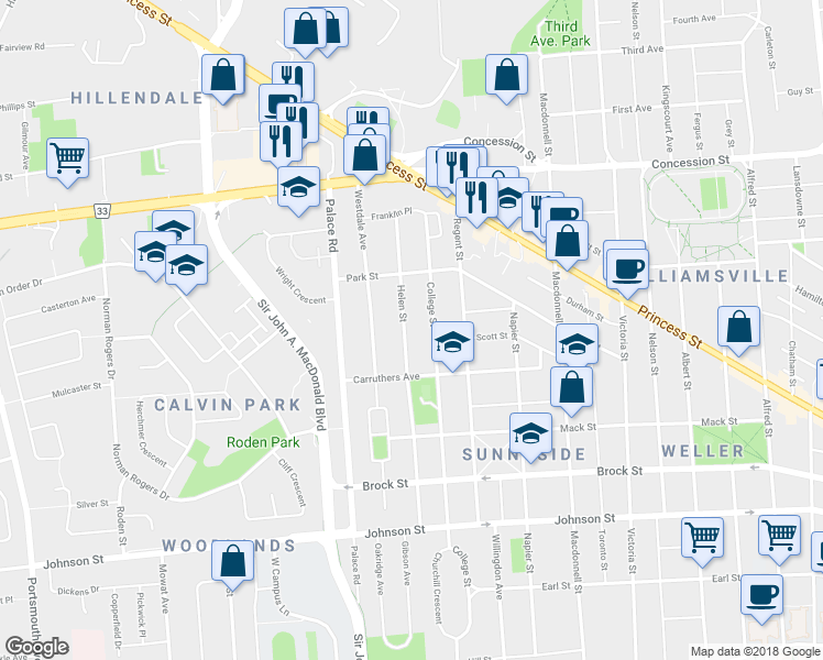 map of restaurants, bars, coffee shops, grocery stores, and more near in Kingston