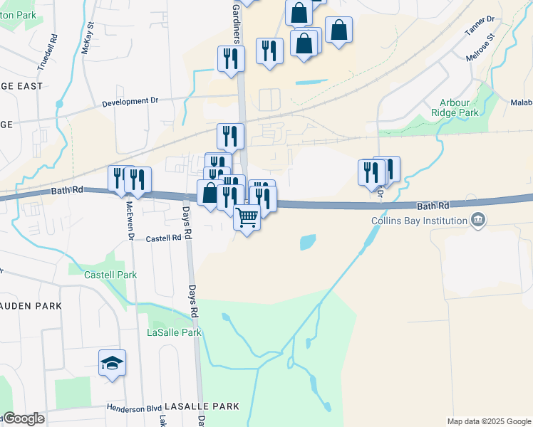 map of restaurants, bars, coffee shops, grocery stores, and more near 500 Gardiners Road in Kingston