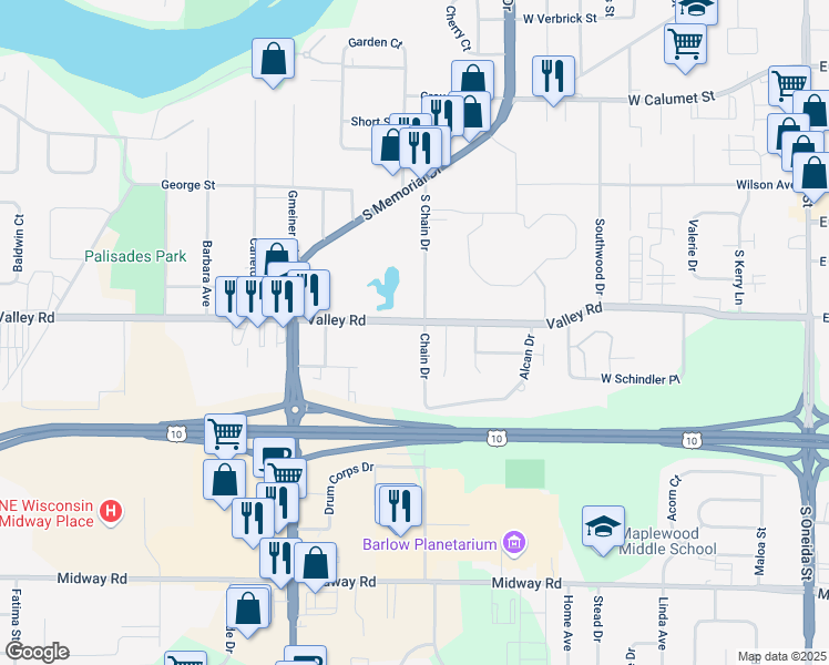 map of restaurants, bars, coffee shops, grocery stores, and more near 1822 Chain Drive in Menasha
