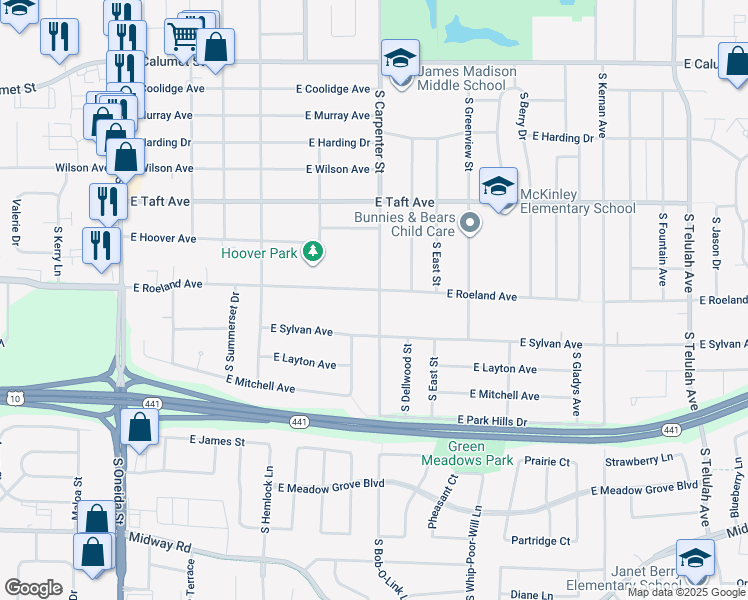 map of restaurants, bars, coffee shops, grocery stores, and more near 2703 South Carpenter Street in Appleton