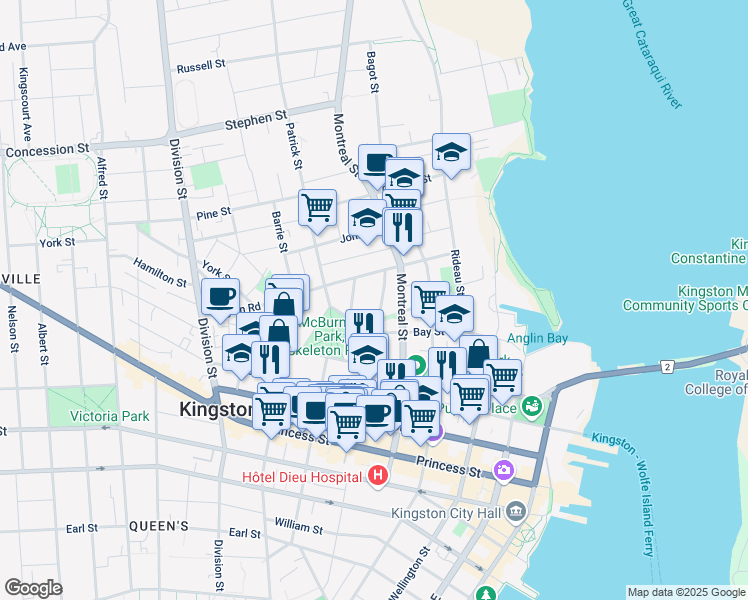 map of restaurants, bars, coffee shops, grocery stores, and more near in Kingston