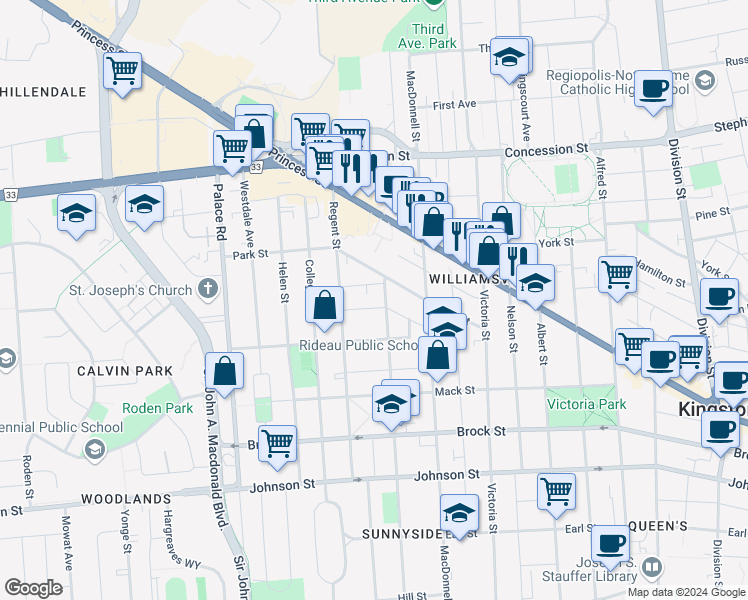 map of restaurants, bars, coffee shops, grocery stores, and more near in Kingston
