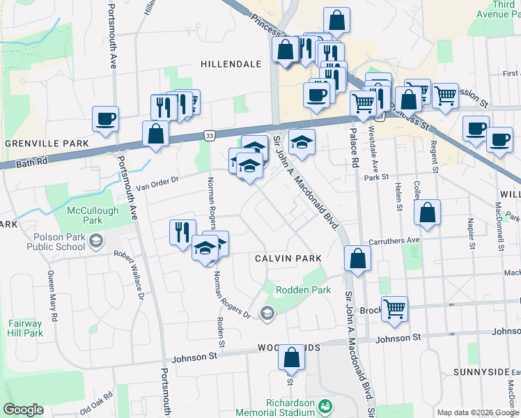 map of restaurants, bars, coffee shops, grocery stores, and more near 59 Metcalfe Avenue in Kingston