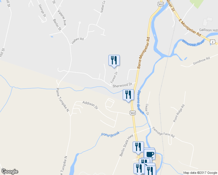 map of restaurants, bars, coffee shops, grocery stores, and more near 186 Sherwood Drive in Montpelier