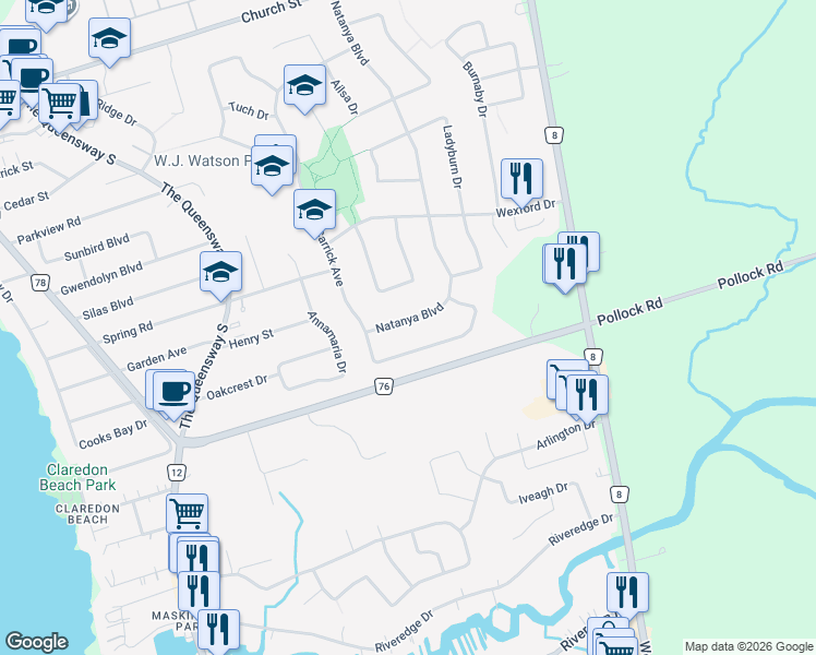 map of restaurants, bars, coffee shops, grocery stores, and more near 19 Natanya Boulevard in Georgina