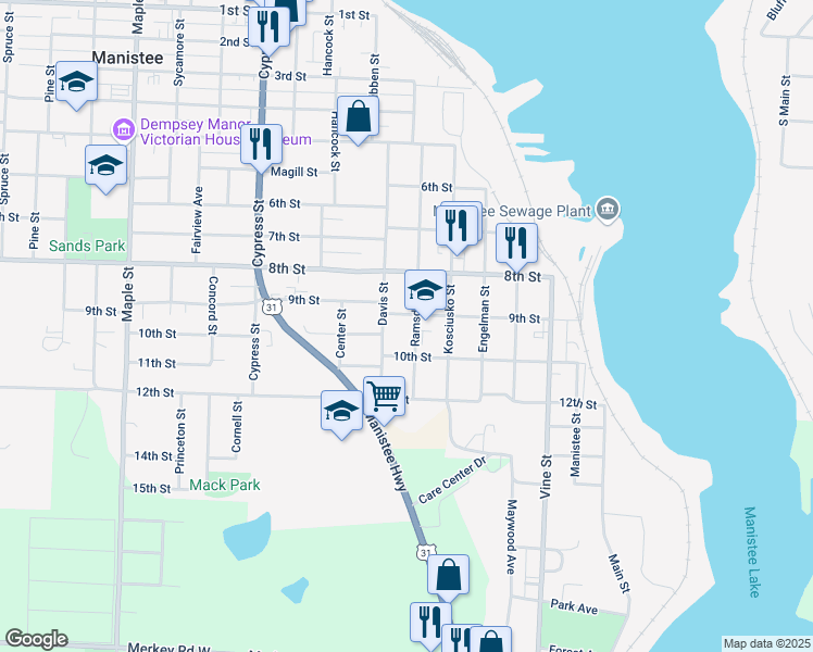 map of restaurants, bars, coffee shops, grocery stores, and more near 914 Ramsdell Street in Manistee