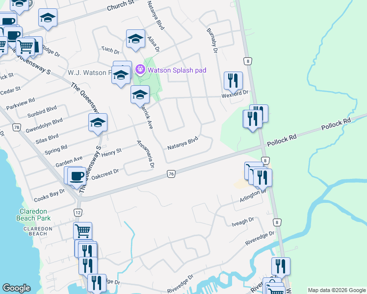 map of restaurants, bars, coffee shops, grocery stores, and more near 21 Natanya Boulevard in Georgina