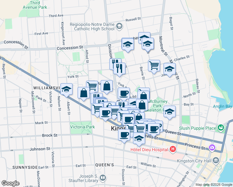 map of restaurants, bars, coffee shops, grocery stores, and more near in Kingston