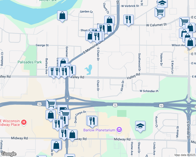 map of restaurants, bars, coffee shops, grocery stores, and more near 1822 Chain Drive in Menasha