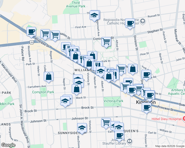 map of restaurants, bars, coffee shops, grocery stores, and more near in Kingston