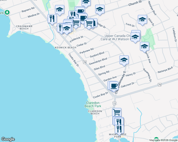 map of restaurants, bars, coffee shops, grocery stores, and more near 106 Metro Road South in Georgina
