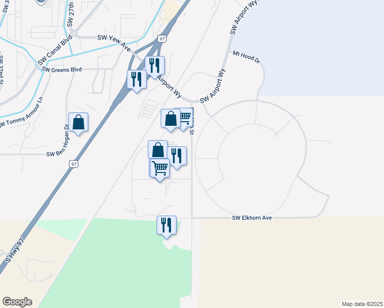 map of restaurants, bars, coffee shops, grocery stores, and more near 4577 Southwest 19th Street in Redmond