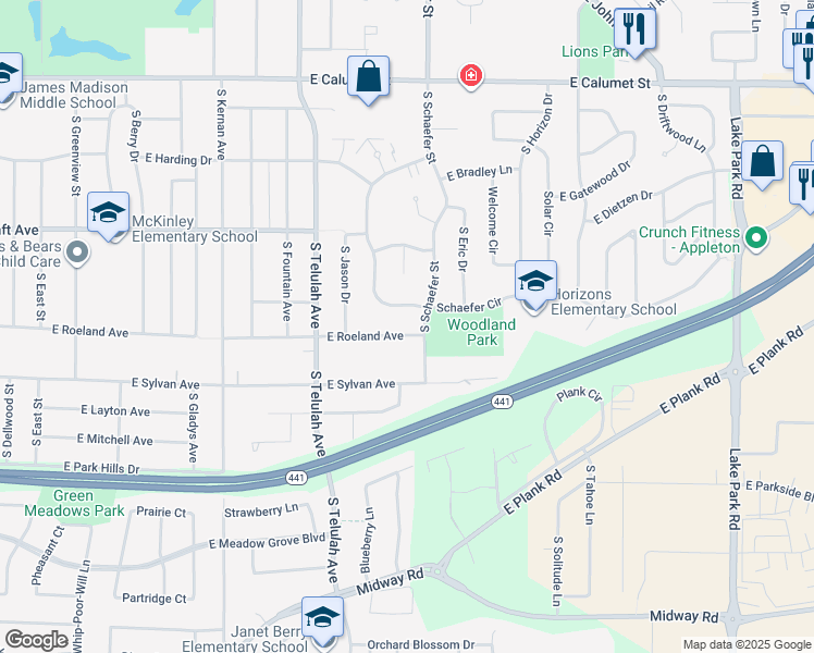 map of restaurants, bars, coffee shops, grocery stores, and more near 2701 South Schaefer Street in Appleton