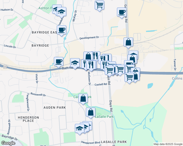 map of restaurants, bars, coffee shops, grocery stores, and more near 1751 C Bath Road in Kingston