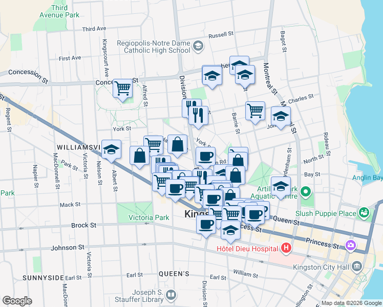 map of restaurants, bars, coffee shops, grocery stores, and more near in Kingston