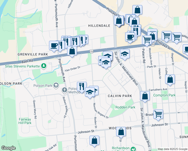 map of restaurants, bars, coffee shops, grocery stores, and more near in Kingston