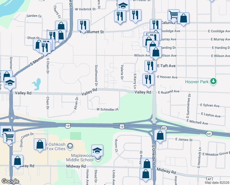 map of restaurants, bars, coffee shops, grocery stores, and more near 304 West Schindler Place in Menasha