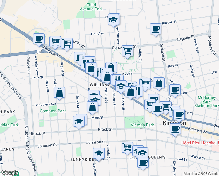 map of restaurants, bars, coffee shops, grocery stores, and more near in Kingston