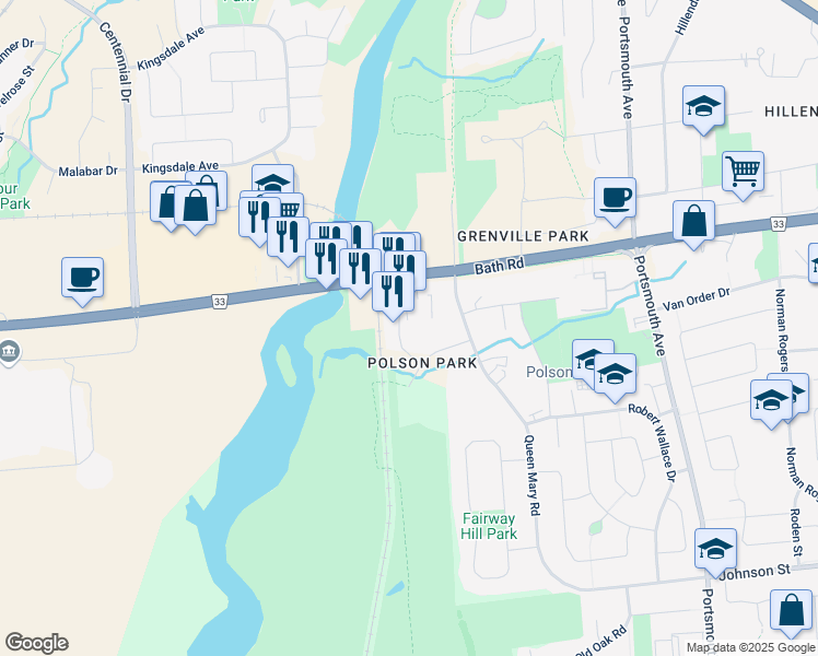map of restaurants, bars, coffee shops, grocery stores, and more near 31 Bayswater Place in Kingston