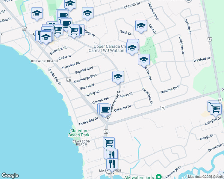 map of restaurants, bars, coffee shops, grocery stores, and more near 141 Spring Road in Georgina