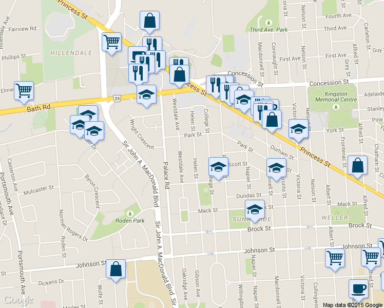 map of restaurants, bars, coffee shops, grocery stores, and more near 218 Helen Street in Kingston