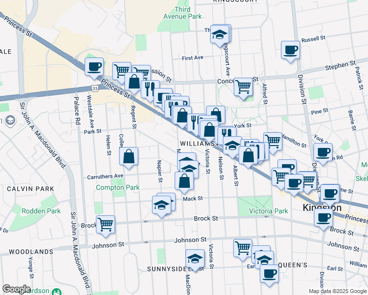 map of restaurants, bars, coffee shops, grocery stores, and more near in Kingston
