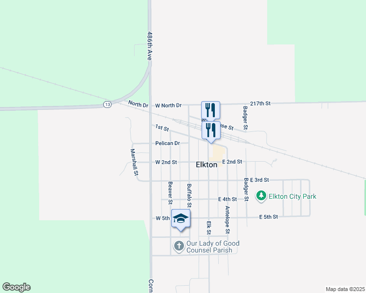 map of restaurants, bars, coffee shops, grocery stores, and more near 101-199 Buffalo St in Elkton