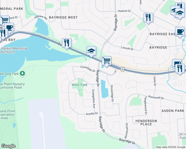 map of restaurants, bars, coffee shops, grocery stores, and more near in Kingston