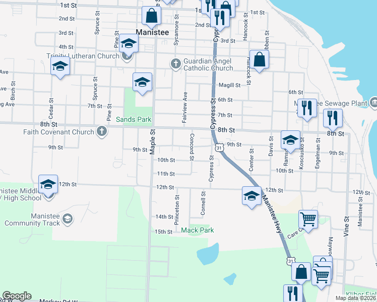 map of restaurants, bars, coffee shops, grocery stores, and more near 343 10th Street in Manistee