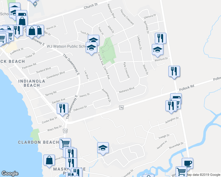 map of restaurants, bars, coffee shops, grocery stores, and more near 98 Carrick Avenue in Georgina