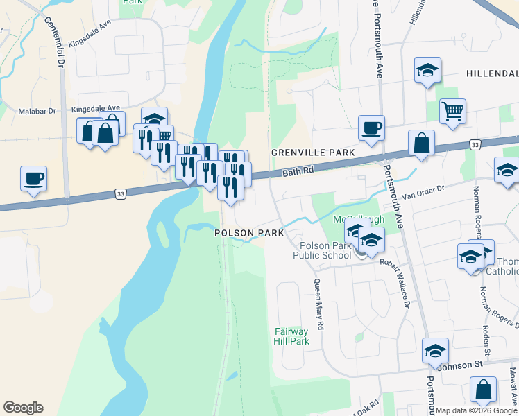 map of restaurants, bars, coffee shops, grocery stores, and more near 258 Queen Mary Road in Kingston