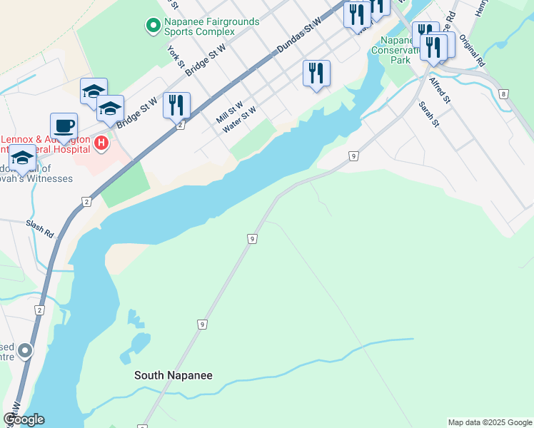 map of restaurants, bars, coffee shops, grocery stores, and more near 210 Lennox and Addington County Road 9 in Napanee
