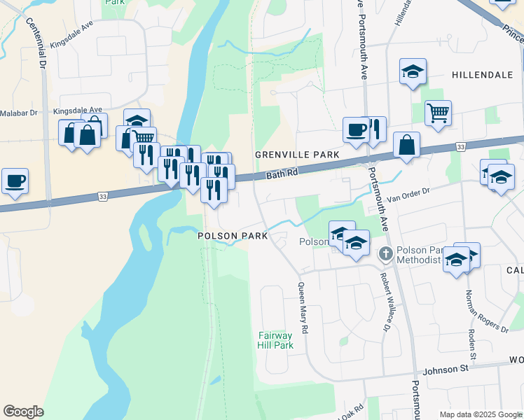 map of restaurants, bars, coffee shops, grocery stores, and more near 61153 Queen Mary Road in Kingston