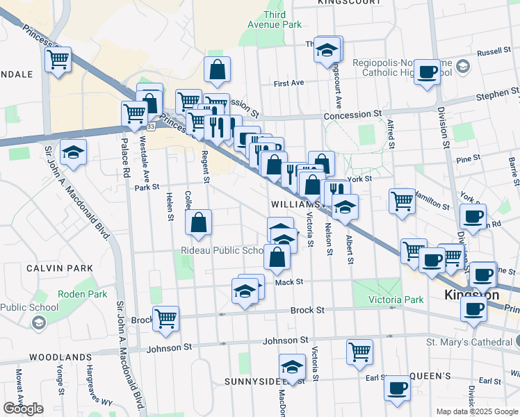 map of restaurants, bars, coffee shops, grocery stores, and more near in Kingston