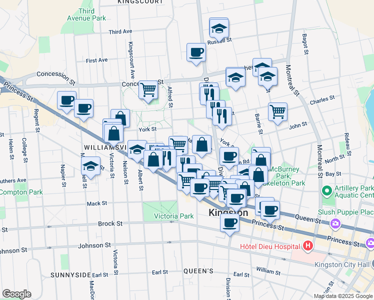 map of restaurants, bars, coffee shops, grocery stores, and more near in Kingston