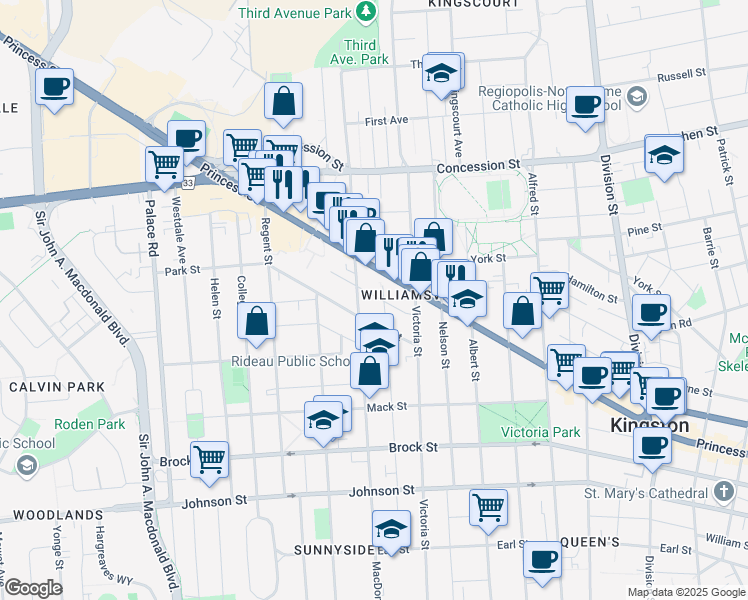 map of restaurants, bars, coffee shops, grocery stores, and more near in Kingston