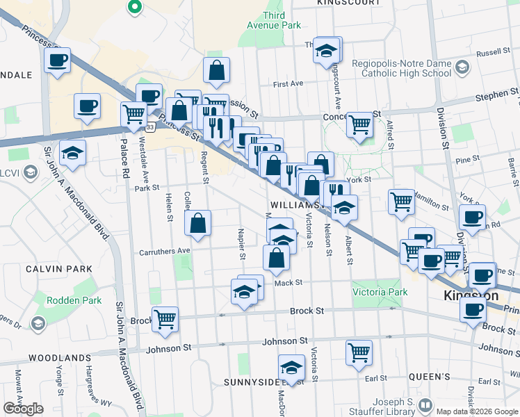map of restaurants, bars, coffee shops, grocery stores, and more near 85 Park Street in Kingston
