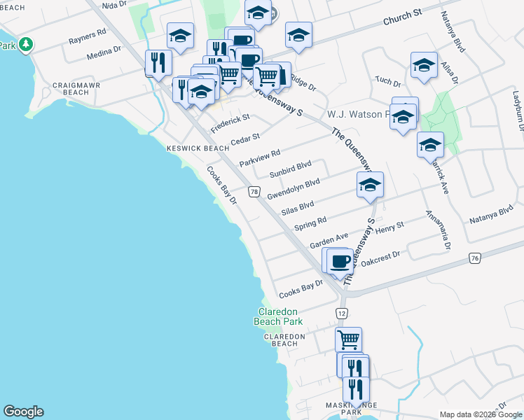 map of restaurants, bars, coffee shops, grocery stores, and more near in Georgina