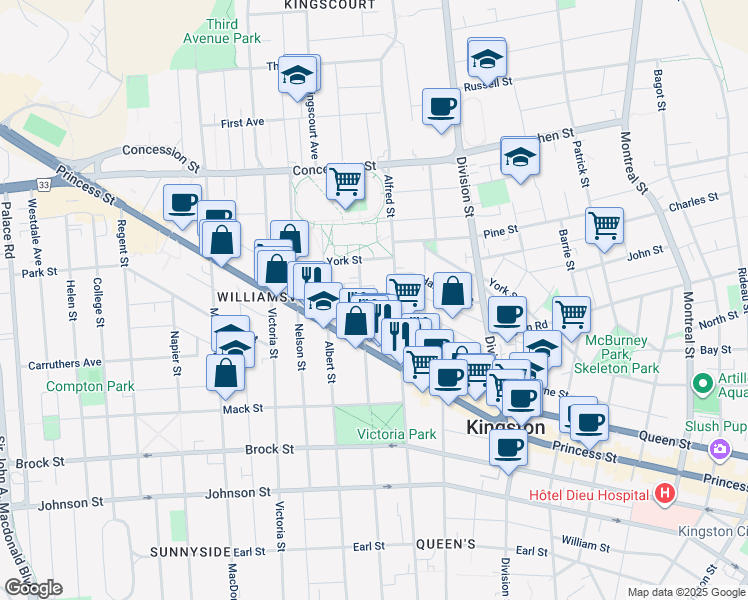 map of restaurants, bars, coffee shops, grocery stores, and more near 23 Jenkins Street in Kingston
