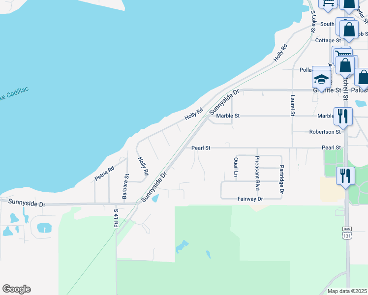 map of restaurants, bars, coffee shops, grocery stores, and more near 601 Sunnyside Drive in Cadillac