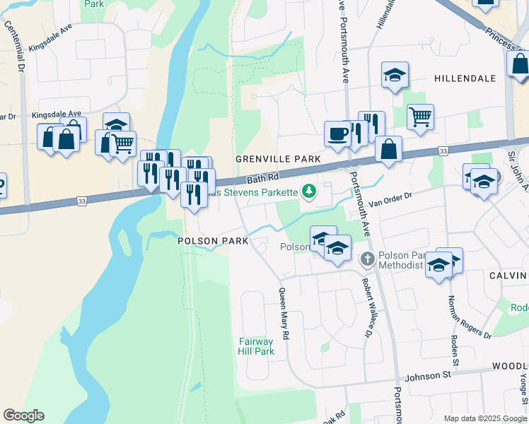 map of restaurants, bars, coffee shops, grocery stores, and more near in Kingston